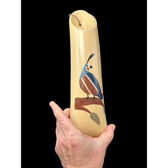 Quail ART POTTERY WALL POCKET FLOWER VASE Bird Southwest 12 x 3.5" Leather Strap - Picture 6 of 12